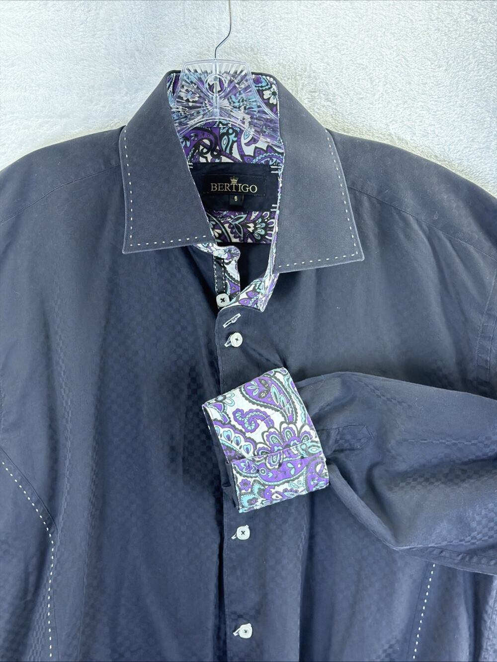 Bertigo Dress Shirt Mens Size 6 2XL Black Paisley Flip Cuff Collared Purple Blue